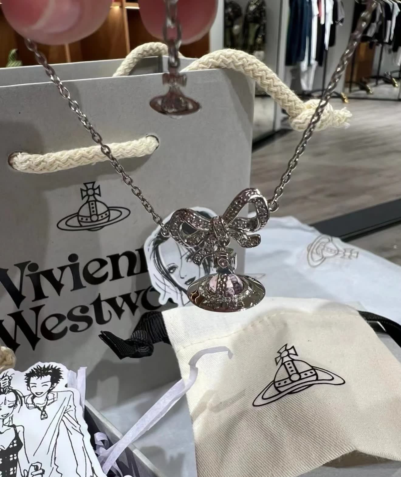 Vivienne Westwood Silver Tone Crystal & Rainbow Moonstone Necklace
